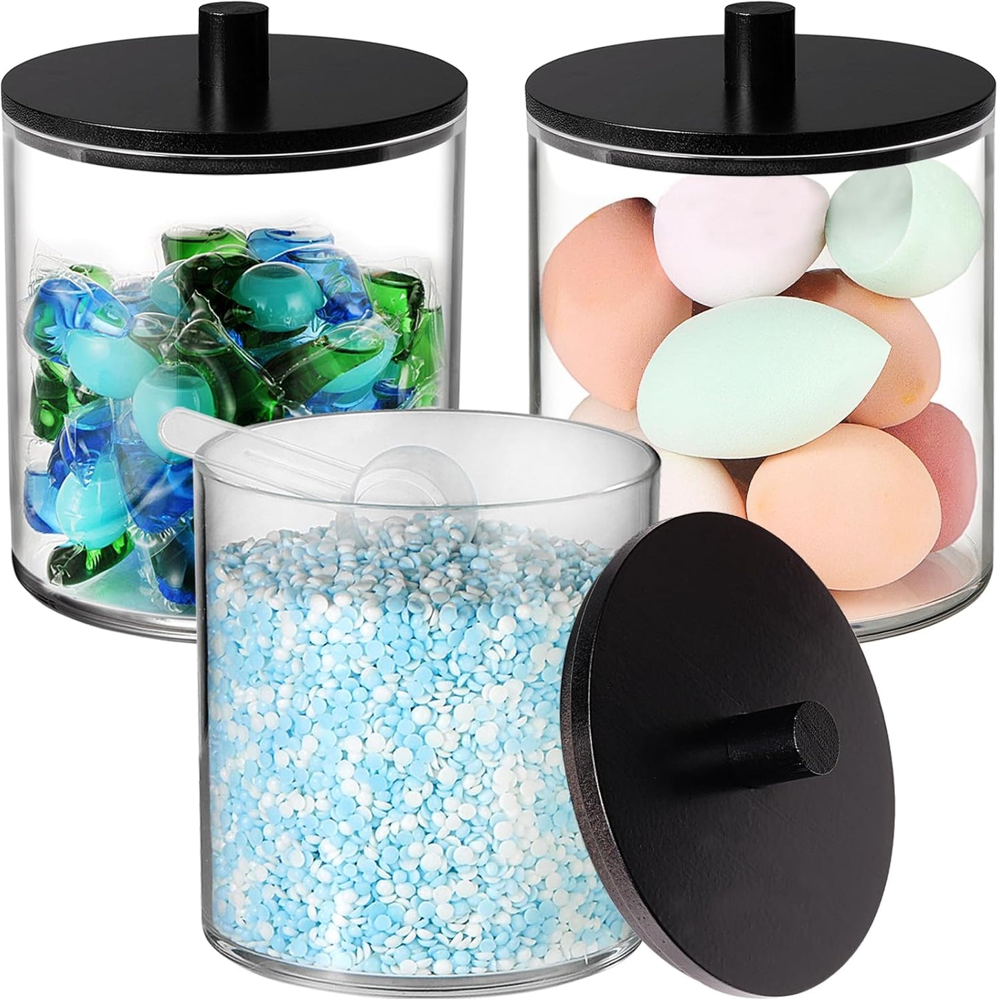 SheeChung 3 Pack 50 Oz Large Apothecary Jar with Bamboo Lid, Laundry Pods Container, Storage Jars for Bathroom Organization, Plastic Canisters with Cute Stickers Spoons(Black)