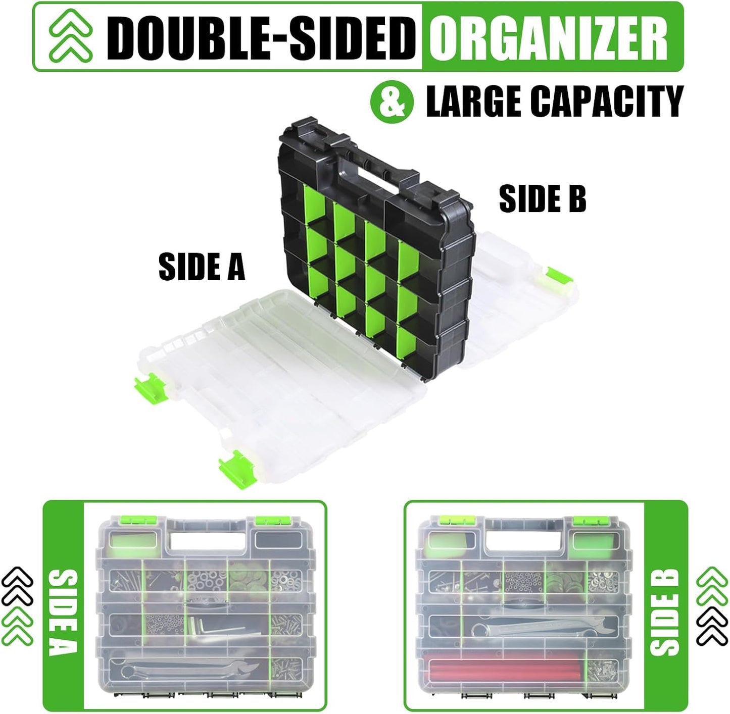 Generic Tool Box with Transparent Lid, Double Side 34-Compartments Organizer Box with Removable Dividers for Hardware, Screws, Bolts, Nails, Beads, Jewelry and Fishing Accessories, Green, 4 Packs