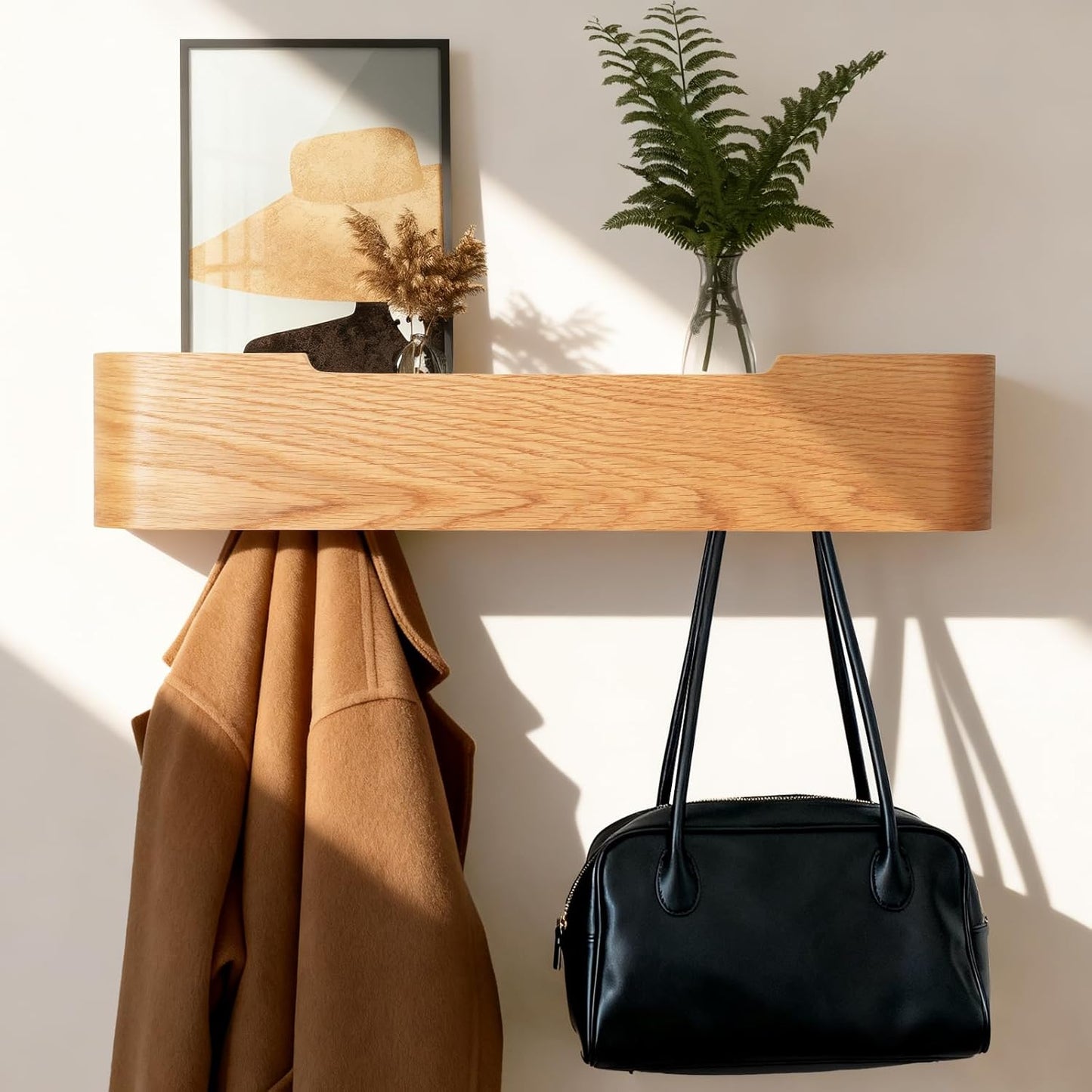 Wall Coat Rack Floating Shelves Modern Coat Rack Wall Mount with Storage Entryway Shelf Wooden Hanger 20 Inch 4 Hidden Metal Hooks for Living Room Bedroom (Oak, 5 Hooks)