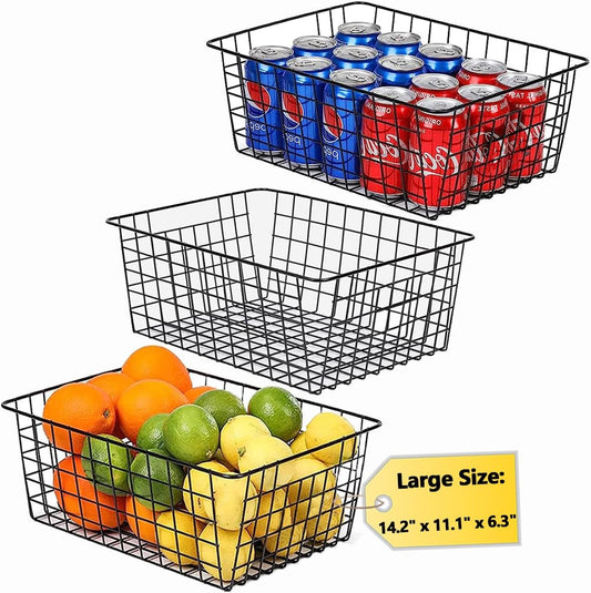 3 Pack Large Wire Baskets for Organizing 14.2'' Metal Wire Baskets with Built-in Handles, Wire Storage Basket Black Metal Freezer Organizer Wire Basket for Pantry, Cabinets, Bathroom
