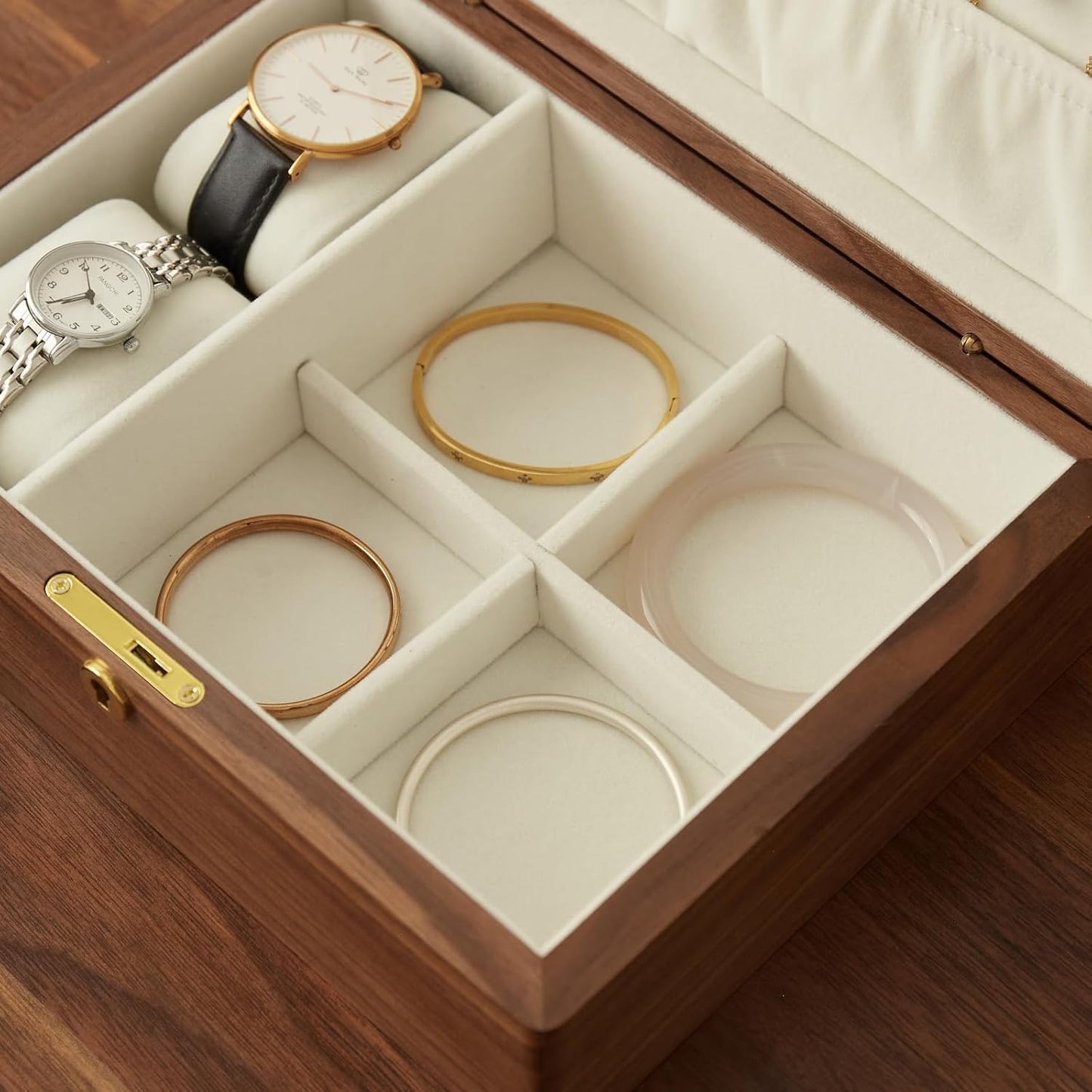 Solid Black Walnut Wood Jewelry Box With Velvet Lining,Personalized Ring and Necklace Box for Women and Girls,Brass Lock and Handle (With lock)