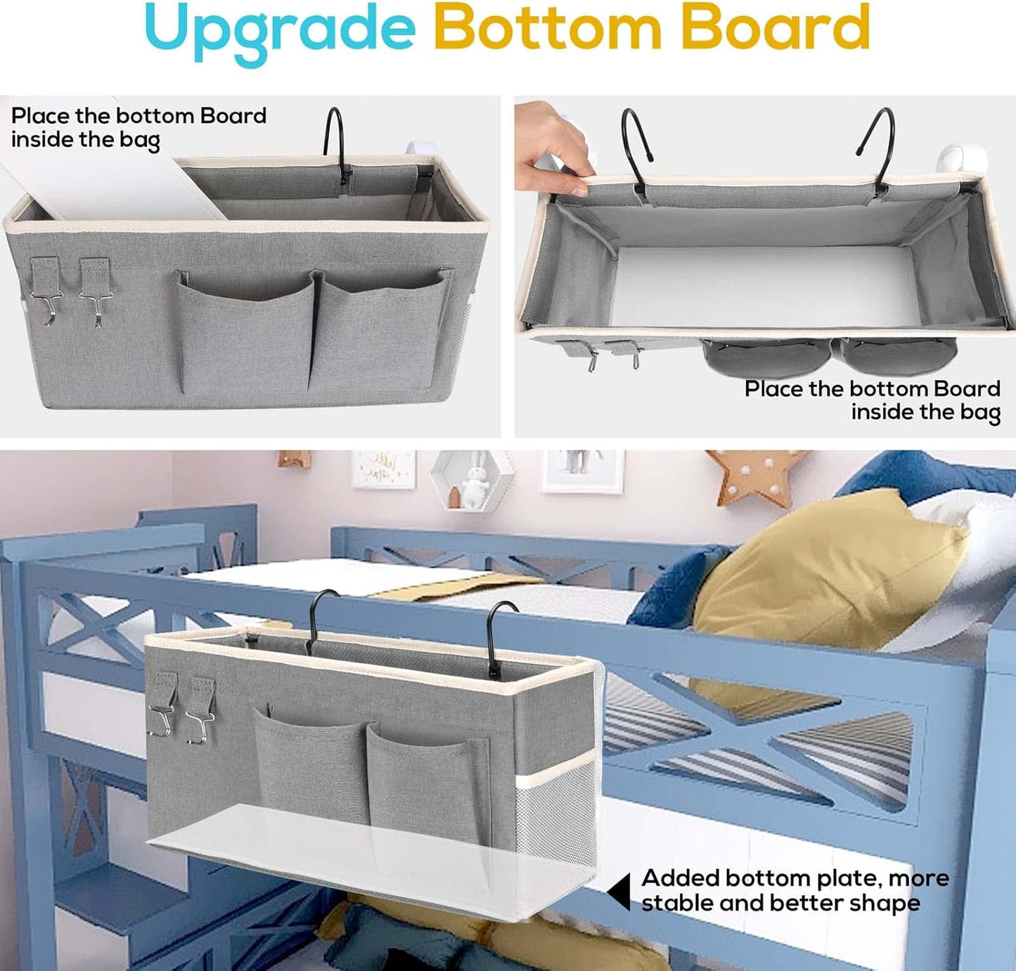 1pcs Bedside Caddy Hanging Storage Bag, Organizer Baskets with Pockets for Bunk Bed Accessories, Loft & Dorm Rooms Chair Bed Rails (Grey-1pcs)