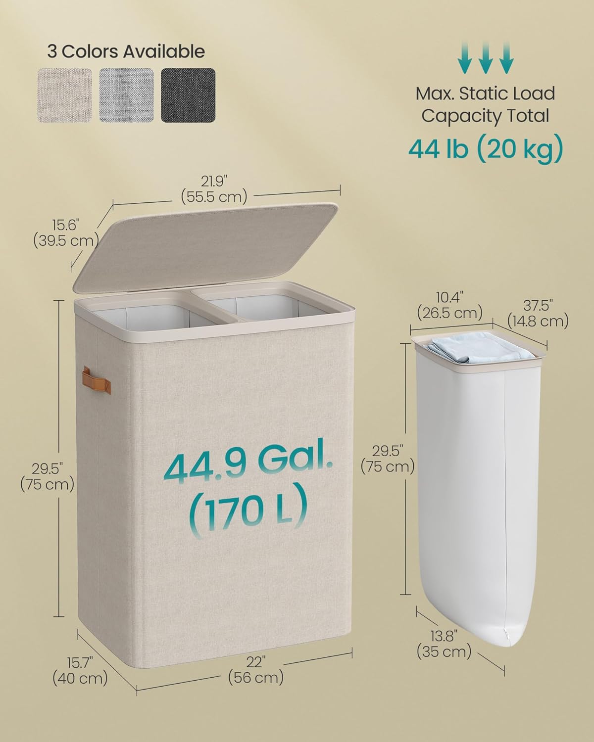 SONGMICS Laundry Basket, 44.9 Gal. Laundry Hamper, 2 Compartments, Easy Assembly, with Lid and Handles, Removable Liners, 22 x 15.7 x 29.5 Inches, Cappuccino Beige ULCB813L01