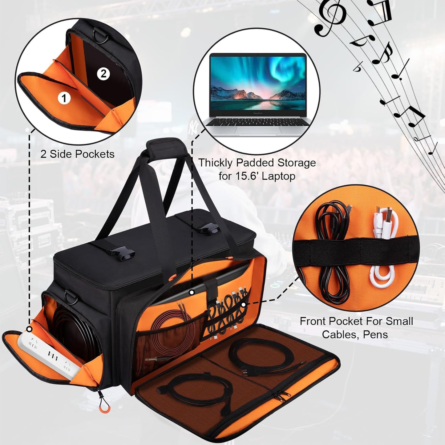 Large Dj Cable Bag with Laptop and Microphone Pocket, Dj Bag for Equipment and Music Accessories with Detachable Dividers, Bottom Pad, Dj Gig Bags for Musicians, Professional, Travel, Orange