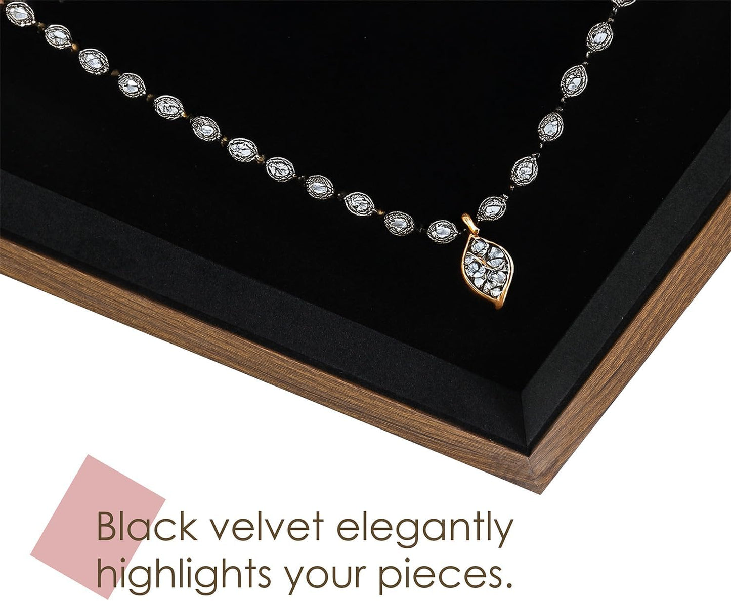 MOOCA 2 Pcs Wooden Jewelry Display Tray, Presentation Tray, Organizer for Rings, Necklaces, Earrings, and Accessories, Walnut Color with Black Suede, 14" W x 9.6" D x 1.2" H