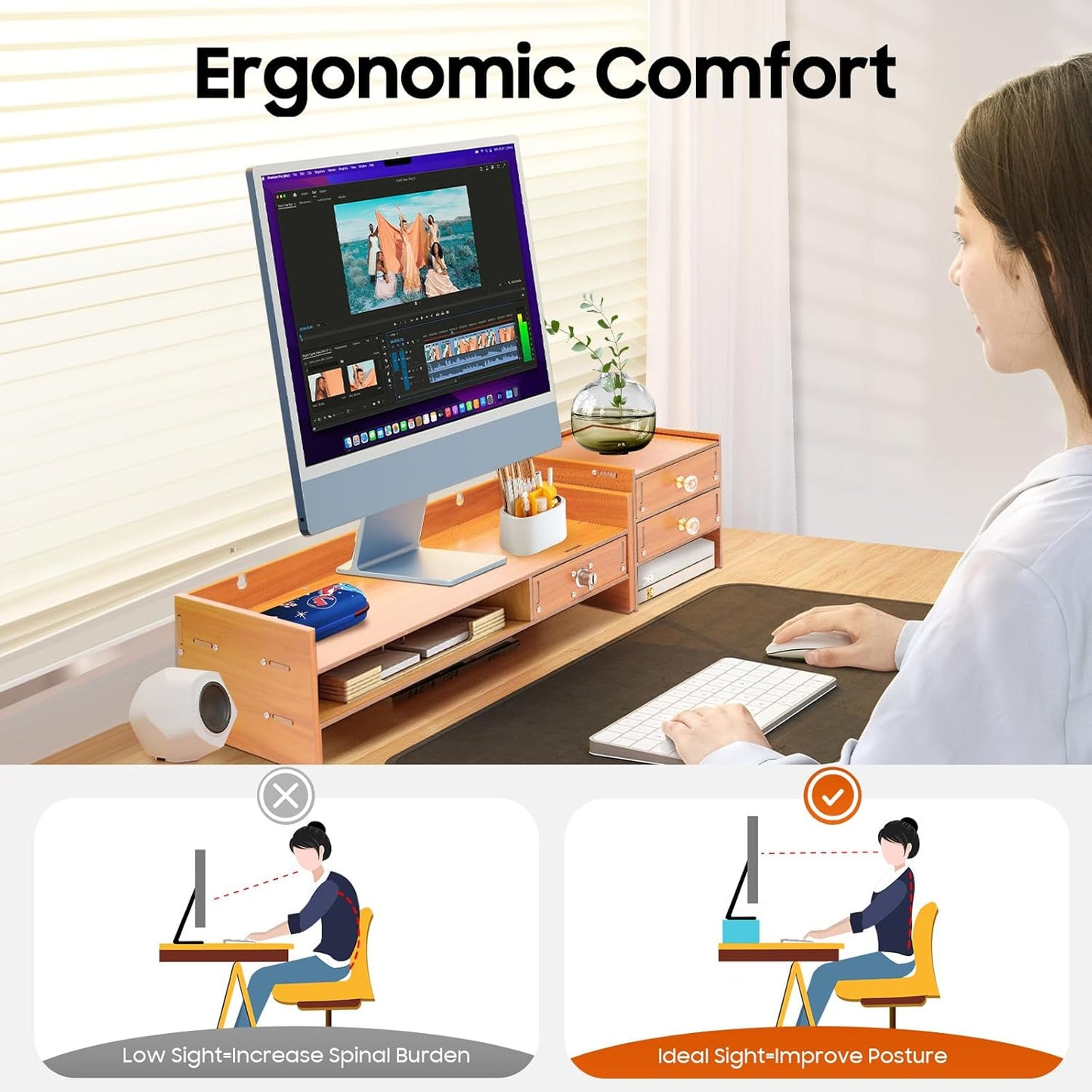 Wood Monitor Stand With Drawers,Desk Organizer With Lockable Drawer & Phone Holder, Computer Monitor Riser Stand With Storage Shelf,Multi-Purpose Desktop Storage Stand For Computer, Laptop, Printer
