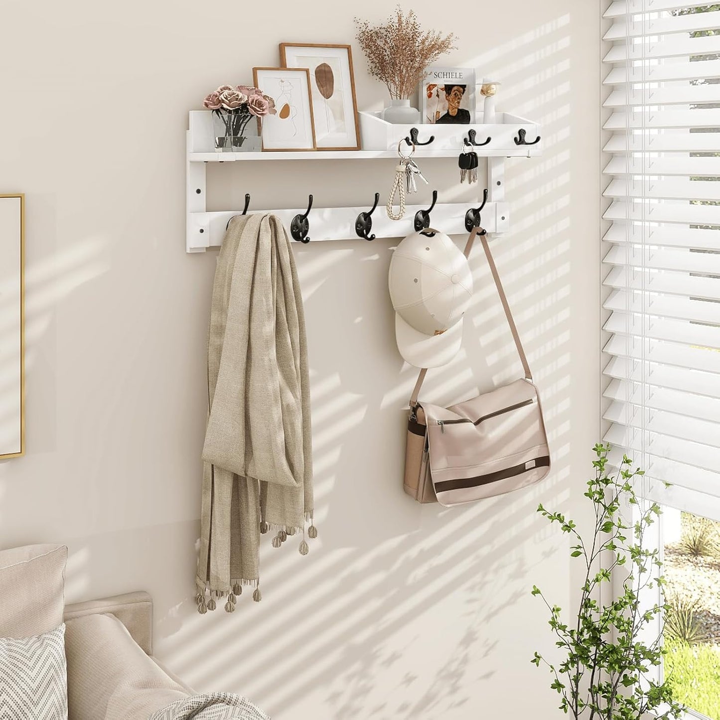 Homode Coat Rack Wall Mount with Hooks and Mail Holder, Entryway Floating Shelf with Key Hooks, Hanging Coat Hanger for Entry, Bathroom, Hallway, Bedroom, White