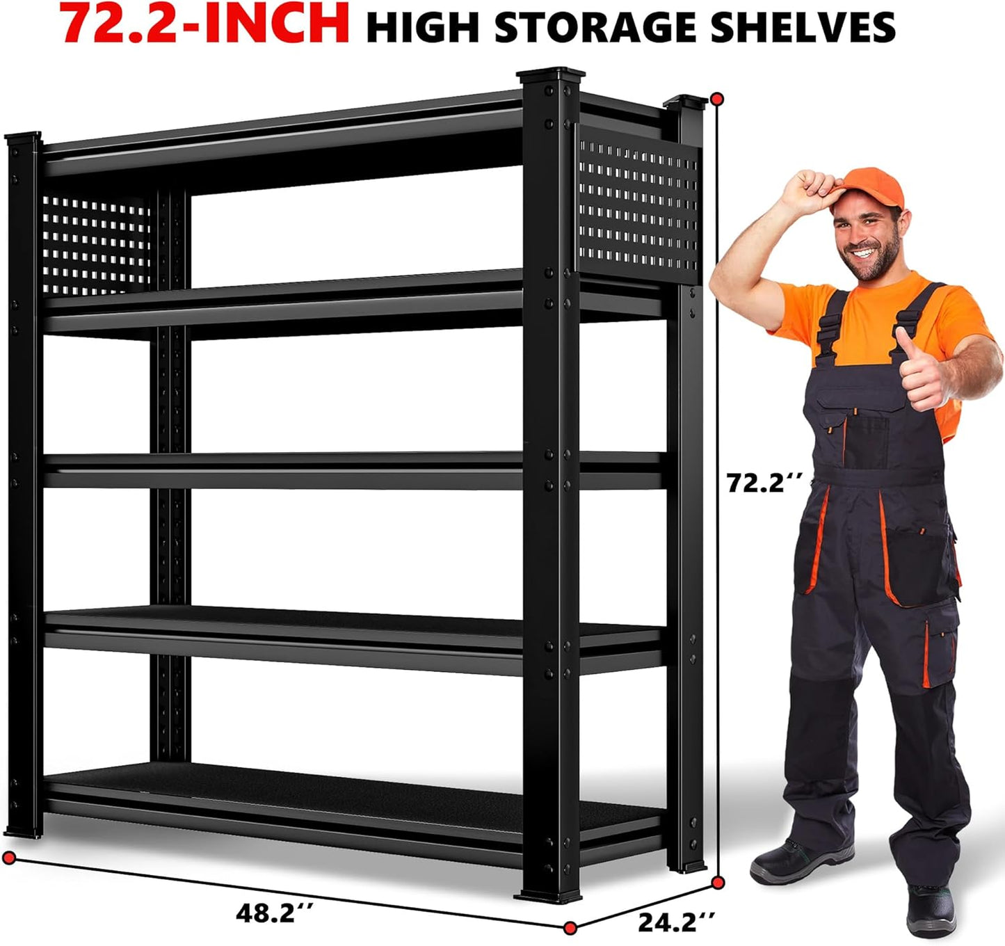 SILVEL 48.2" W Garage Shelving, 5000LBS Heavy Duty Metal Shelving, 2025 Solid Storage Shelves with 2 Side Pegboards, Industrial 5 Tier Shelves for Basement Pantry Warehouse Supermarket, 2 Pack