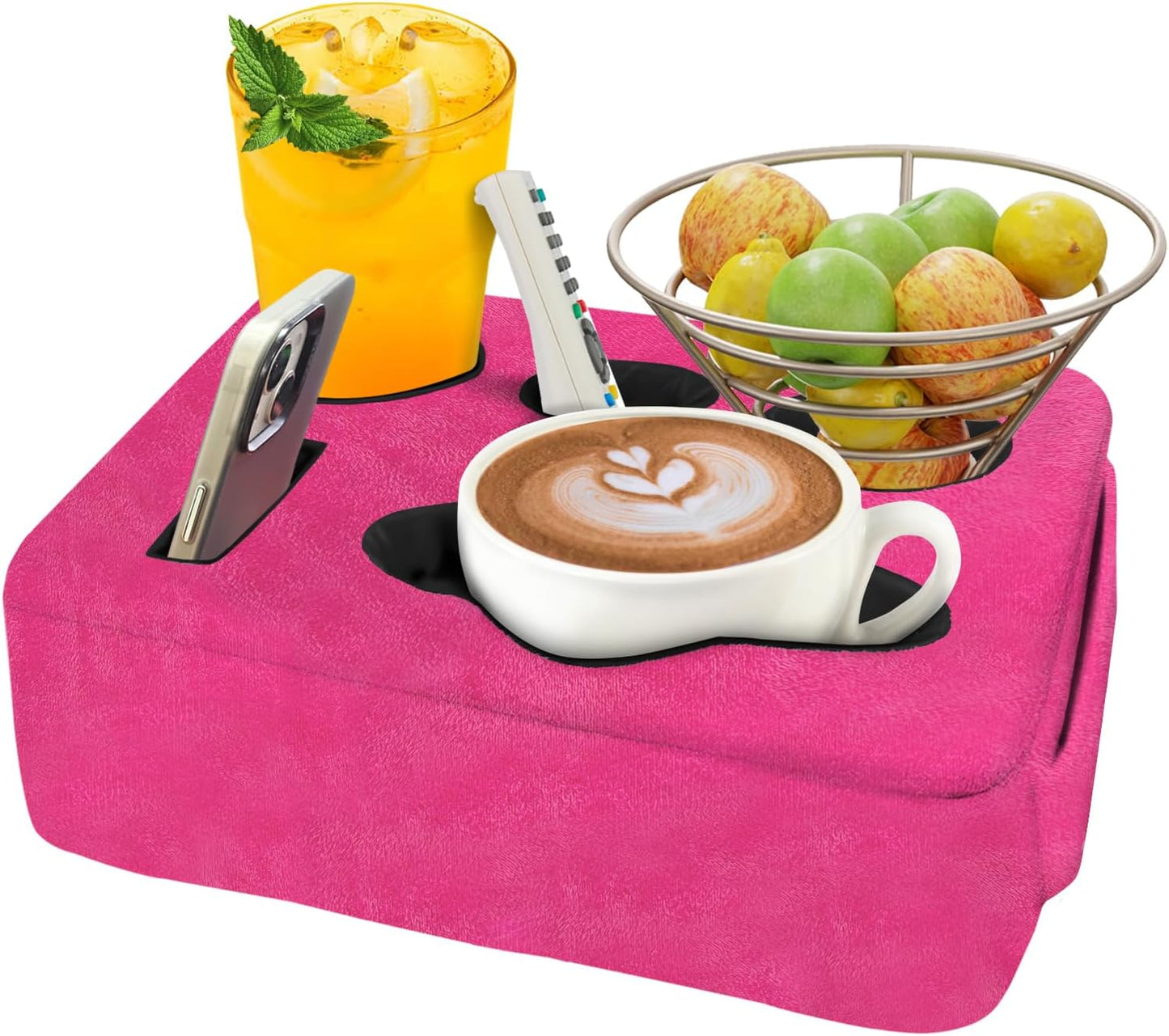 Couch Bed Cup Holder Pillow, Nisdoing 5 Hole Couch Drink Holder! Keep Drinks Hand Side and KeepTemp, Prevent Spills and Use Anywhere. Cup Holder for Couch, Bed,Camping,RV,Car,Beach.Pink