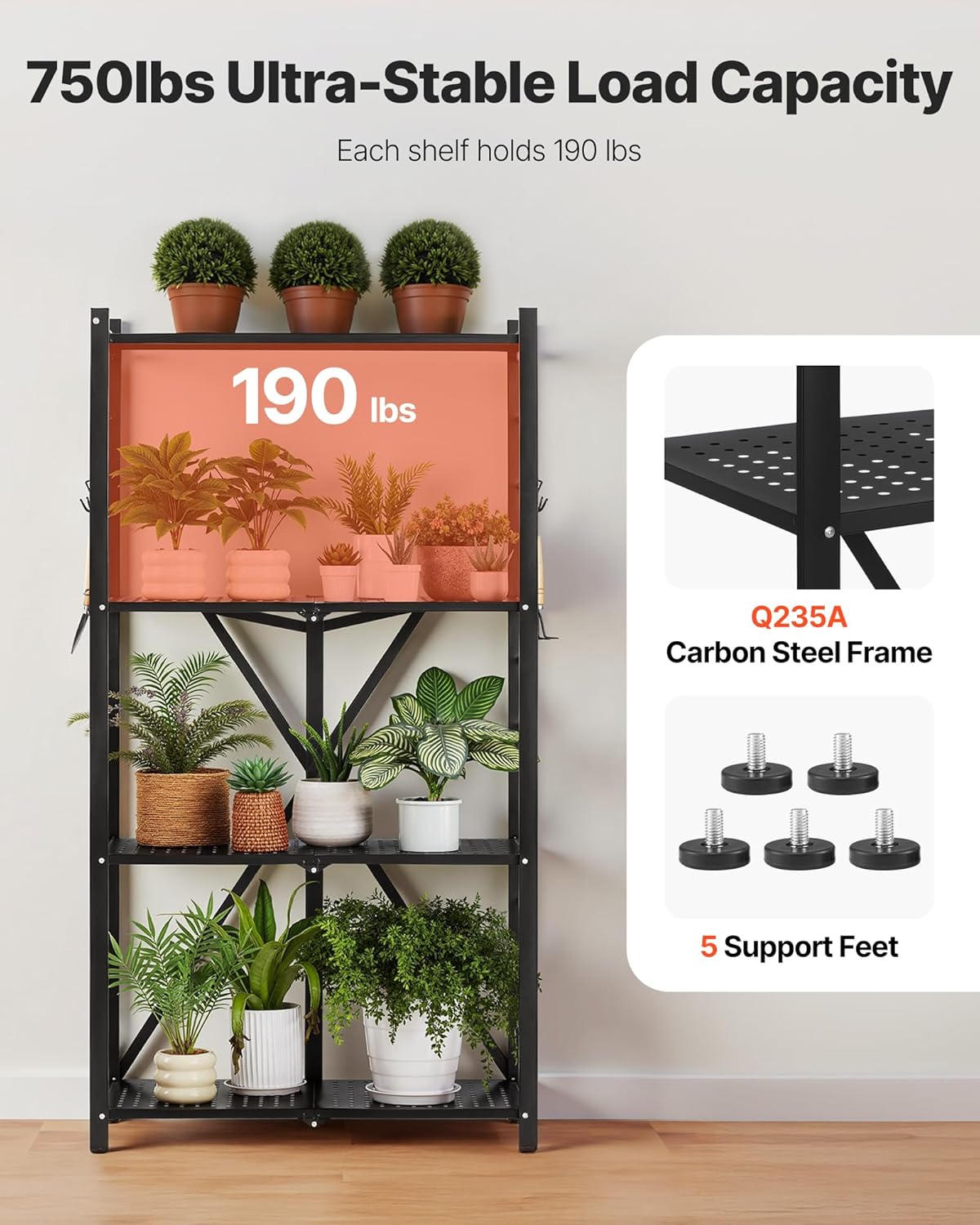 VEVOR 4-Tier Foldable Storage Shelf, 28W x 13D x 54H Inch Folding Metal Rack Shelving Unit, No Assembly Organizer Shelf with 5 Wheels & 4 Hooks for Pantry, Kitchen, Garage, Basement, Black