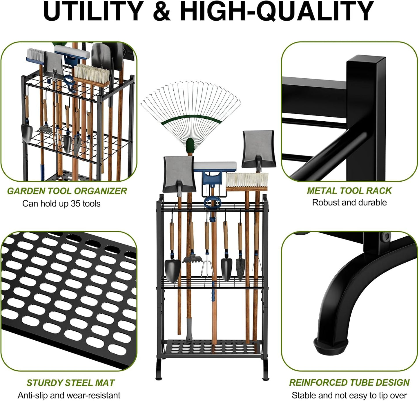 Garden Tool Organizer with Storage Hooks, Yard Tool Tower Rack for Garage Organization and Storage, Up to 35 Long-Handled Tools, Metal Tool Holder with 6 Hooks, Black