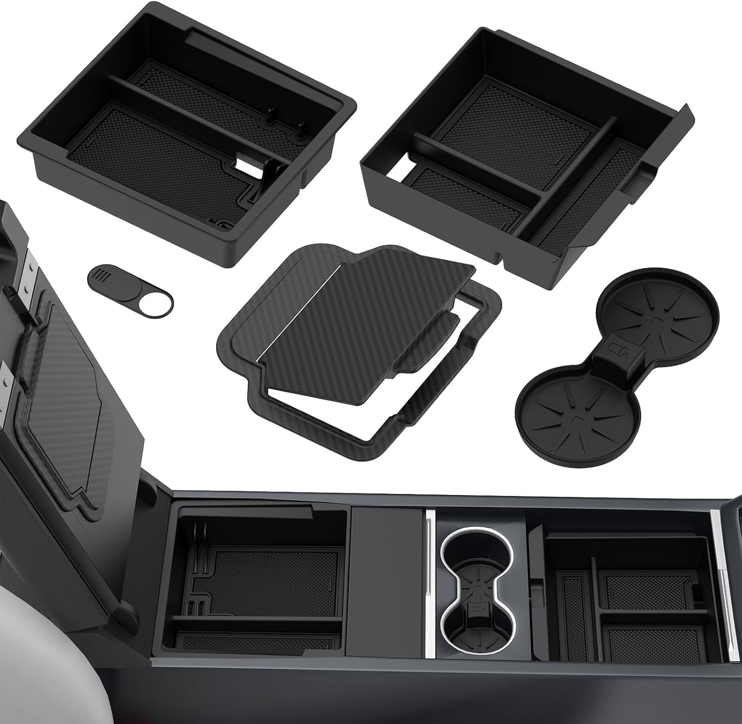 Upgraded Center Console Organizer Tray for Tesla Model Y Juniper Accessories 2025 2026/ for Tesla Model 3 Accessories 2025 Highland, Hidden Storage Box, Cup Holder, [Shockproof, No-Noise], 5PCS