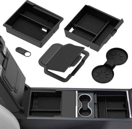 Upgraded Center Console Organizer Tray for Tesla Model Y Juniper Accessories 2025 2026/ for Tesla Model 3 Accessories 2025 Highland, Hidden Storage Box, Cup Holder, [Shockproof, No-Noise], 5PCS