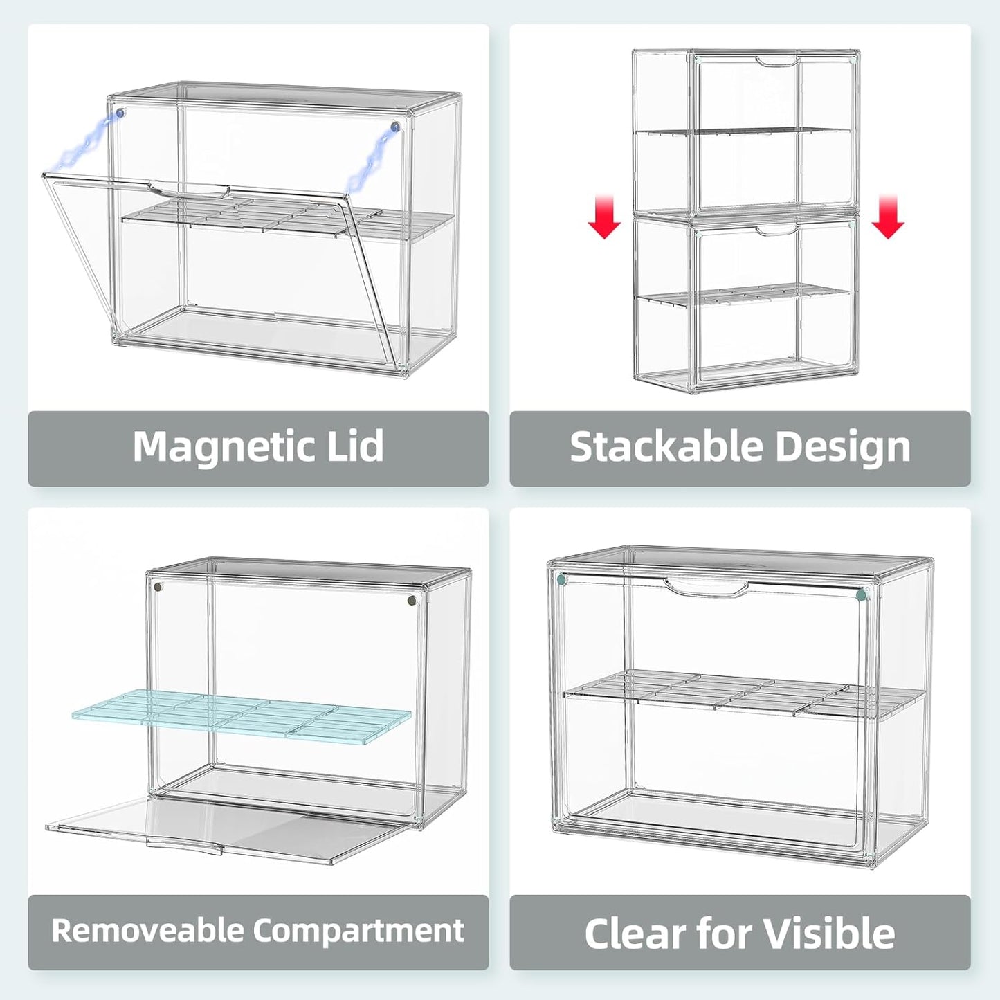 Clear Hat Box Storage, Baseball Cap Organizer for Baseball Caps, Hat Acrylic Display Case with Removable Compartment, Plastic Stackable Hats Holder Organizer Box with Magnetic Lid, 1 Pack