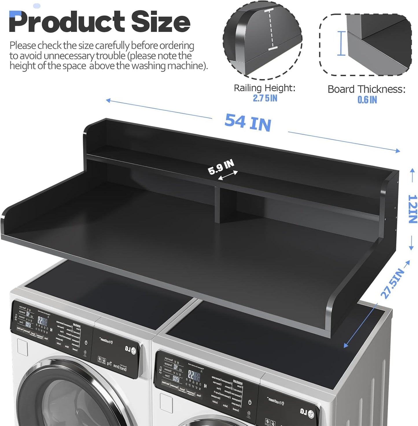 2-Tier Washer and Dryer Countertop with 2.75" H Guard,54" W x 27.5" D Laundry Countertop Cover with Non-Slip Pad,Large Space Laundry Topper for Folding Clothes Over Washer and Dryer-Black