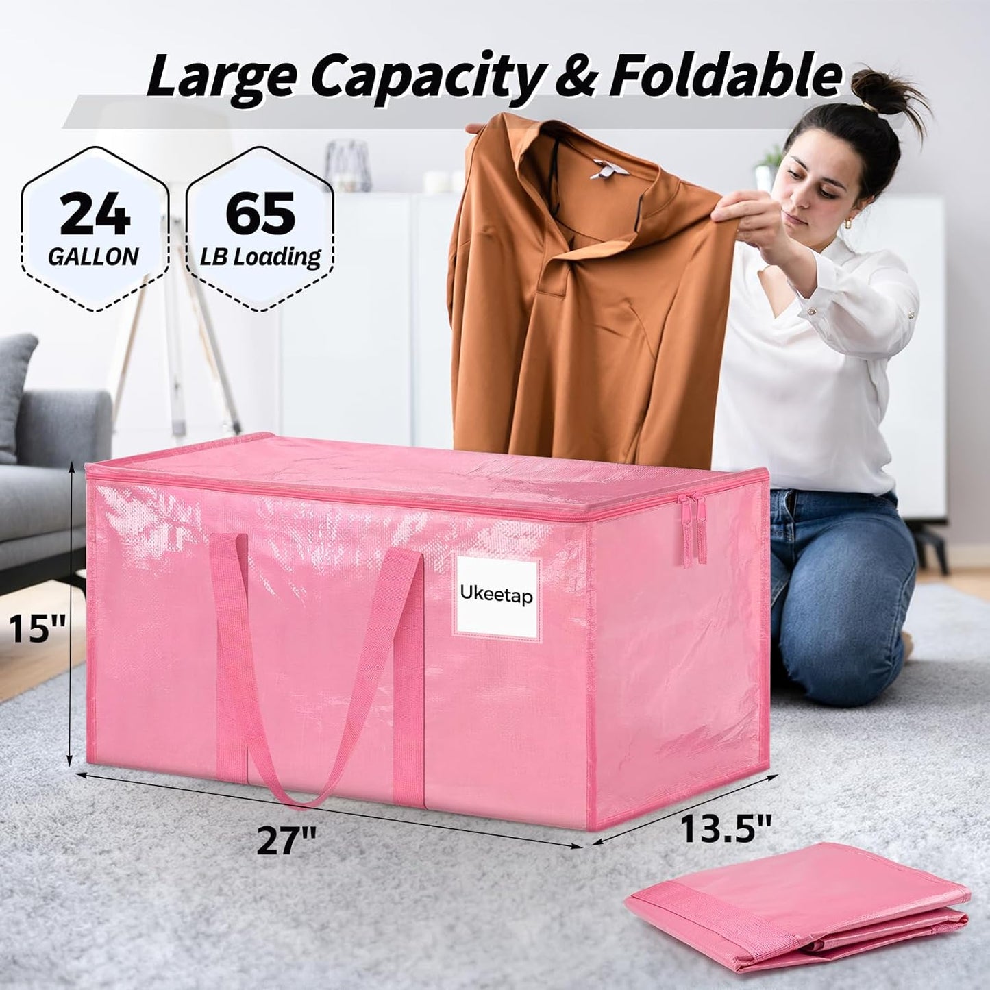 8 Pack Extra Large Heavy Duty Moving Bags, Pink Storage Bins with Lids, Reinforced Handles & Heavy-Duty Zippers Moving Boxes Storage Bags Totes for Clothes Packing, Dorms, College Supplies, Pink