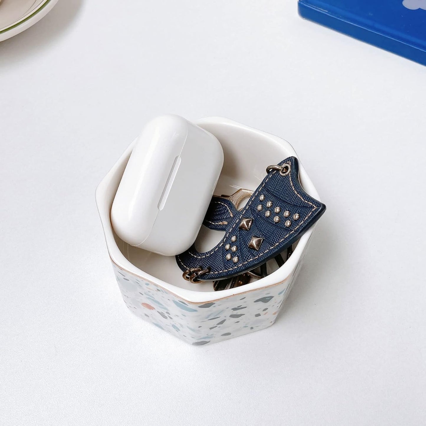 Ceramic Paper Clip Holder Gold Line Paper Clip Dispenser Organizer for Desk Cute Terrazzo Marble Pattern Office Binder Clip Holder Bobby Pin and Hair Clip Holder Gift for Office Blue