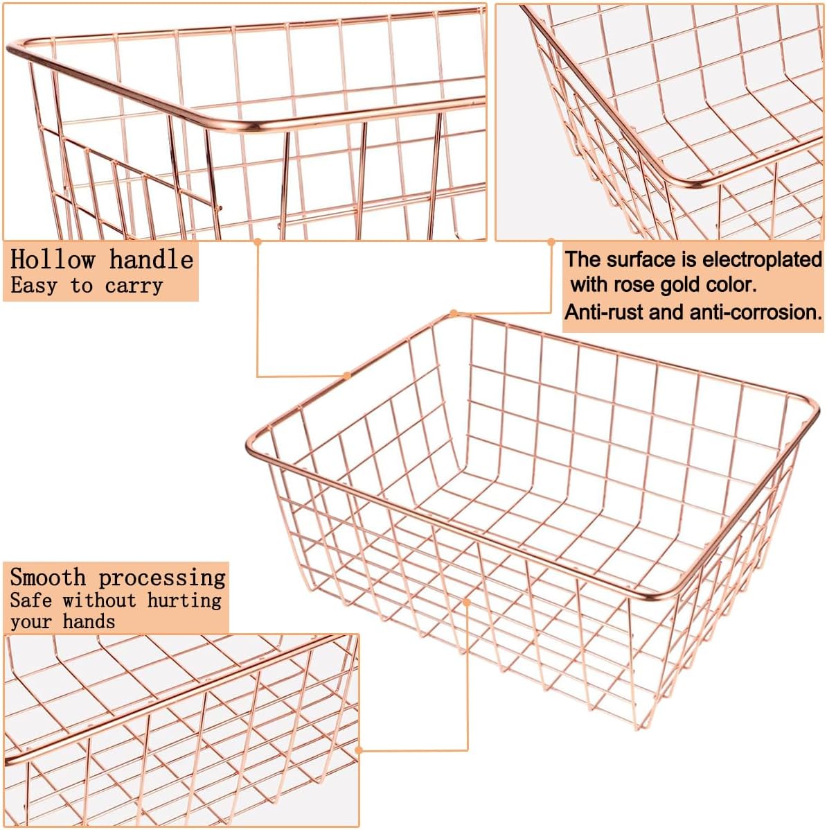 4 Pack Wire Baskets for Pantry Metal Wire Freezer Organizer Bins with Handles, Metal Basket Rose Gold Wire Baskets for Storage Organizing Office, Kitchen Cabinets, Bathroom, Countertop
