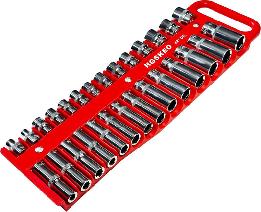 Magnetic Socket Holder Set with Handle, Portable Socket Organizer, Heavy Duty Socket Racks 3/8" Drive Holders Hold 28 standard Sockets for Tool Box (Red, 3/8" Drive)
