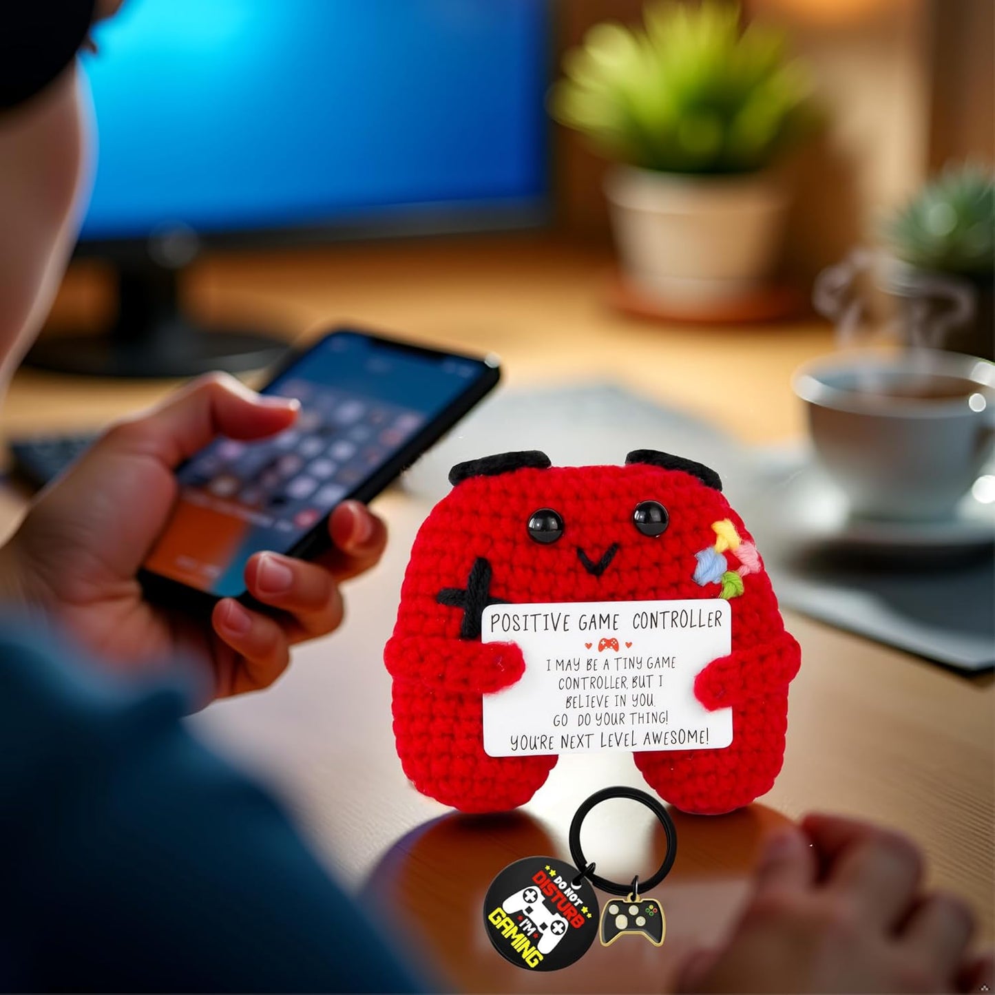 Gamer Gifts Positive Crochet Game Controller and Inspirational Keychain, Unique Teenage Boy Gifts Idea, Gaming Gift Set with Gamer Keychain, Birthday Gift Emotional Support Crochet for Game Lovers