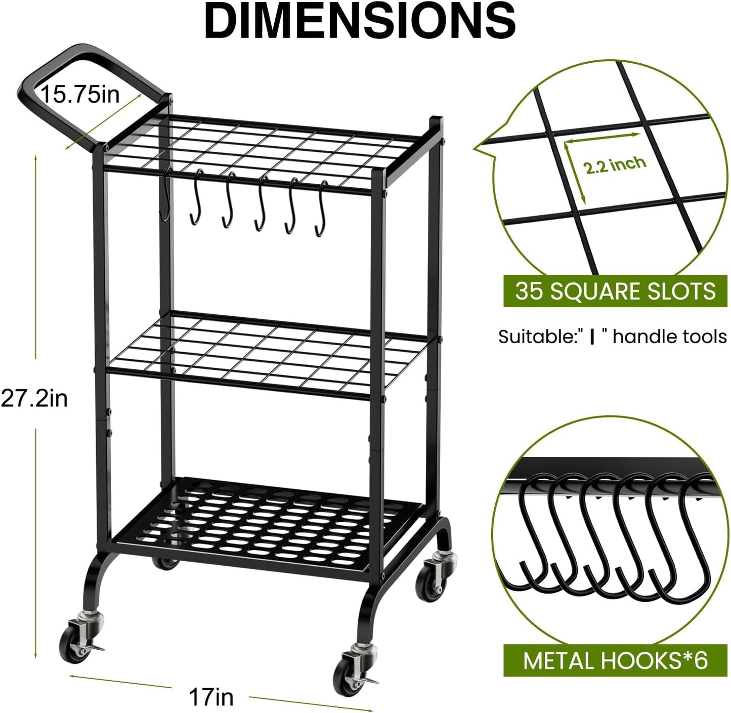 Garden Tool Organizer with Wheels, Yard Tool Tower Rack for Garage Organization and Storage, Up to 35 Long-Handled Tools,Metal Tool Holder with 6 Hooks, Black