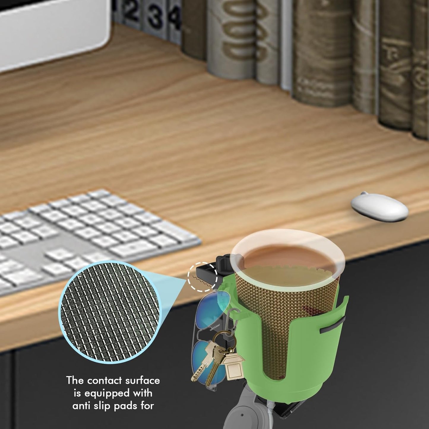 2-in-1 Upgraded Desk Cup Holder, Anti-Spill Table Cup Holder for Water Bottles, Wheelchairs, Workstations, Gaming Desk Accessories. (Green, Medium)