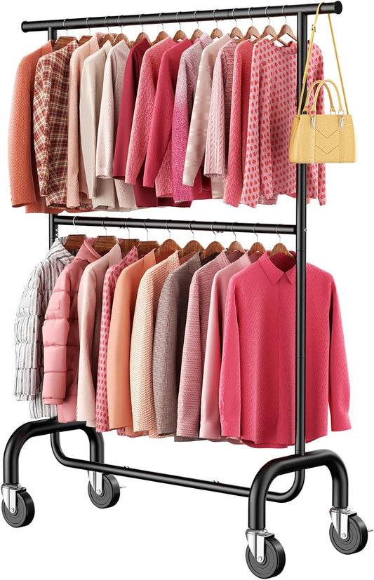 Heavy Duty Clothes Rack Load 600 LBS, Rolling Clothing Rack for Hanging Clothes with Lockable Wheels, Double Rod Garment Rack for Bedroom, Laundry, Living Room, Black