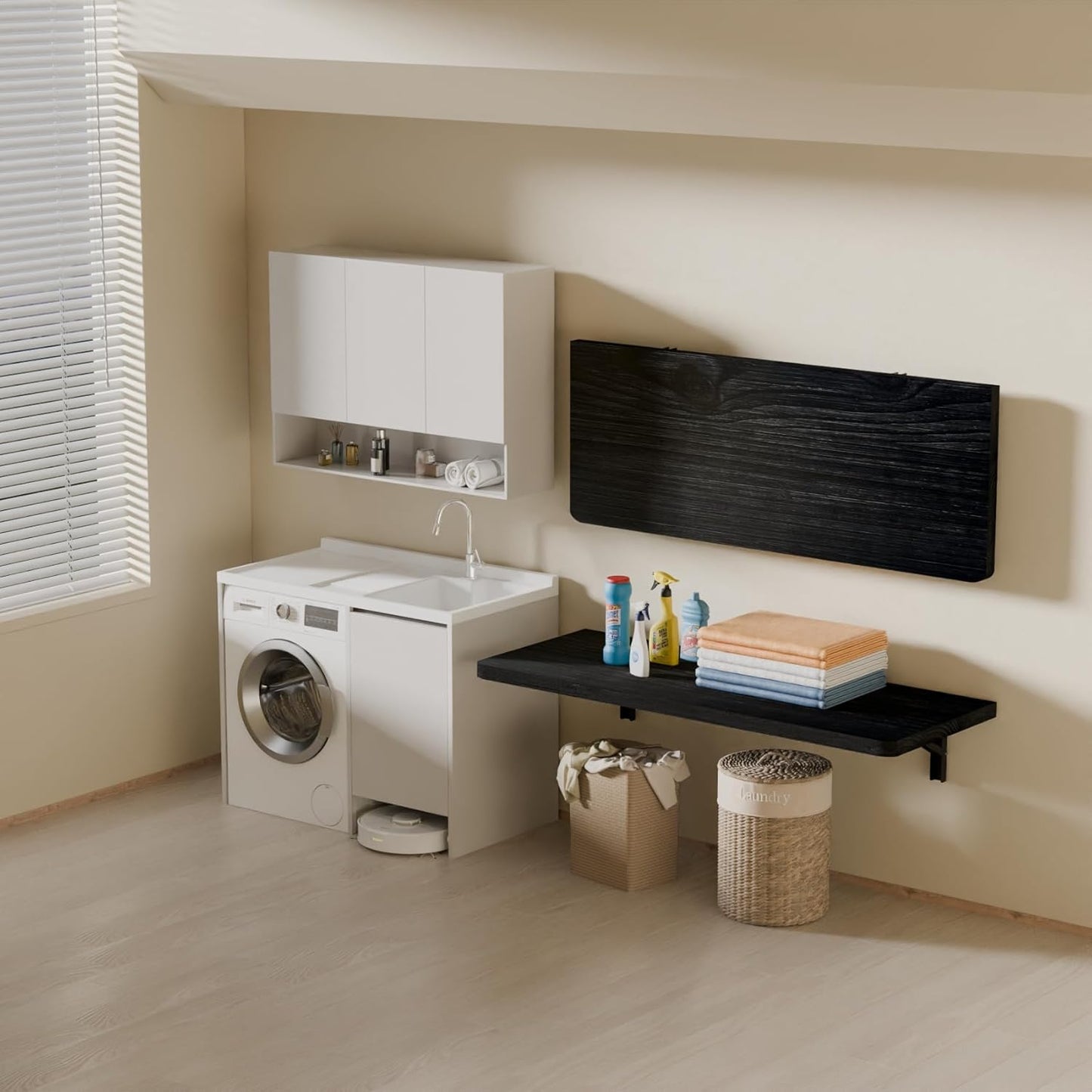 IAE Wall Mounted Folding Table with Pine Wood,36" x 14" Floating Wall Desk,Laundry Folding Table with Shelf Brackets,Fold Down Desk Shelf,Folding Workbench for Home,Dining,Laundry Room,Kitchen,Black