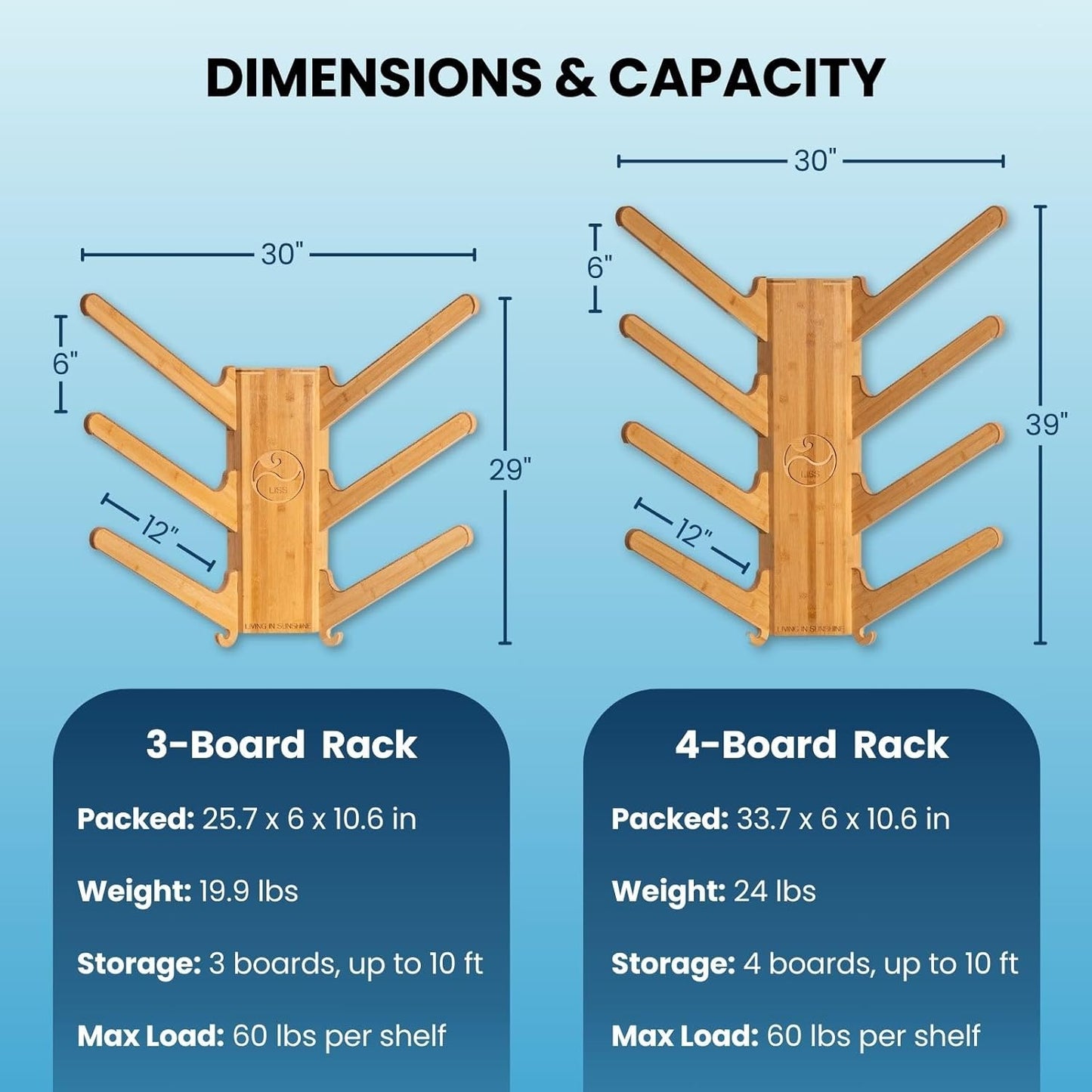 LISS The Sun Rack - Premium Wood Surfboard Wall Mount Rack Display, Ski, Snowboard Holder for 4 Boards for Garage & Home Storage with Built-In Drawer & Hooks for Longboards Shortboards, Wakeboards