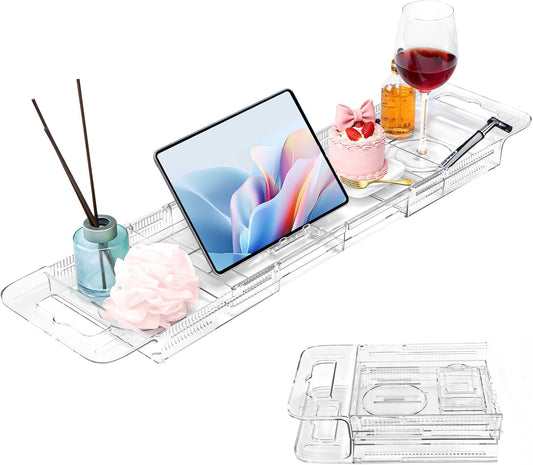 Expandable Clear Acrylic Bathtub Tray Caddy, Foldable Tub Bath Tray with Drain Slots, Slip-Resistant Waterproof Bathroom Organizer & Home Spa Gift for Women