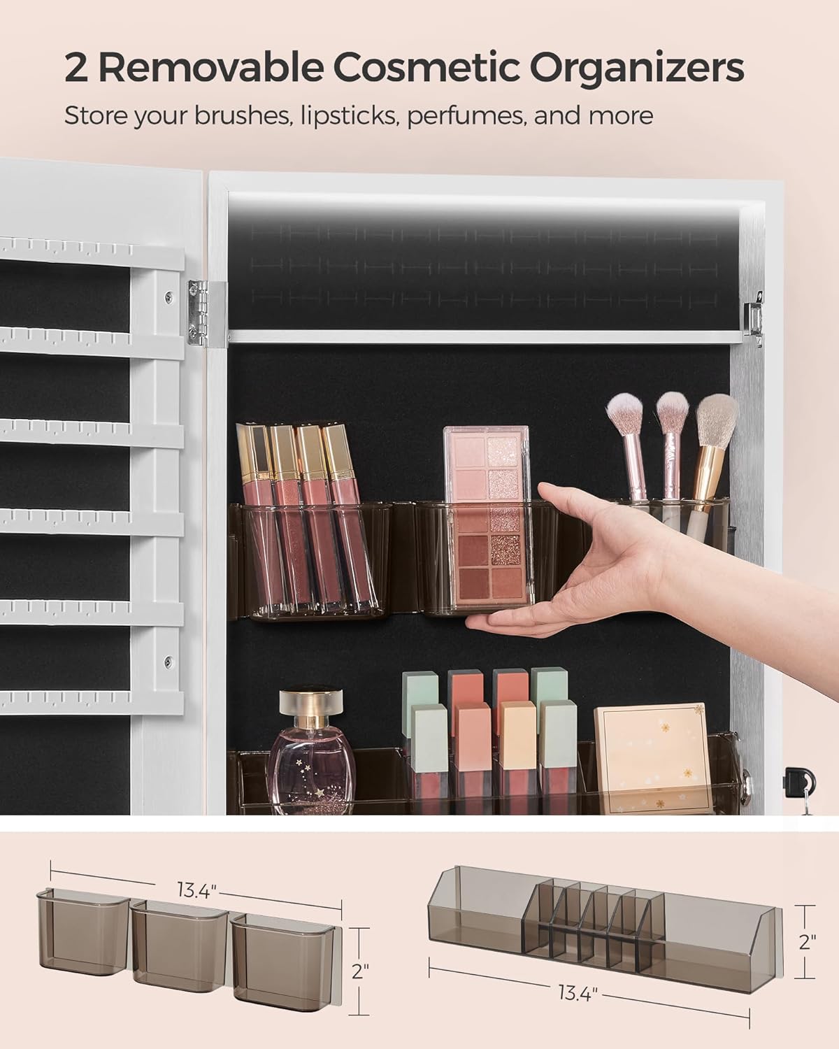 SONGMICS LED Mirror Jewelry Cabinet Armoire, Wall or Door Mounted Jewelry Storage Organizer, Hanging Lockable Frameless Mirror Cabinet with 2 Plastic Cosmetic Organizers, Christmas Gift Idea, White