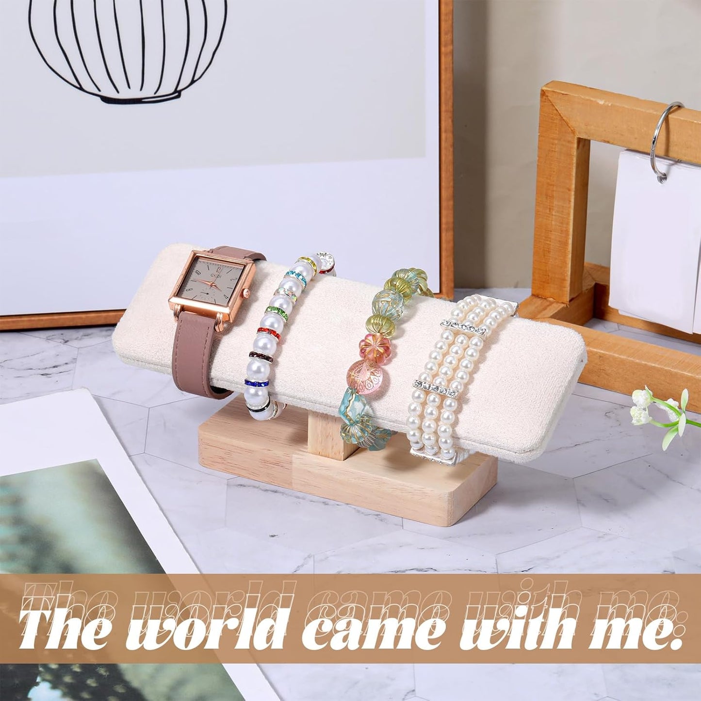 Wooden Watch Display Stand Wood T-Bar Bracelet Display Stand Jewelry Organizer Holder with Faux Suede Surface for Watches, Bangles, Scrunchies, Home Use, Retail Displays Selling 7.6x1.9x3.5inch