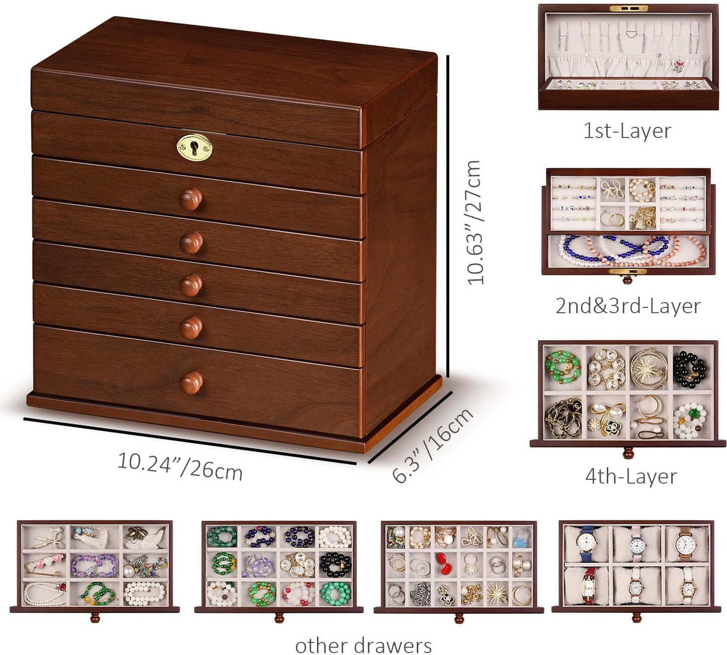 Jewelry Boxes and Organizers - Large Wooden Lockable Cabinet with Key, 8-Layer dresser top jewelry organizer, Vintage Jewelry box for Women and Men GiftIdea