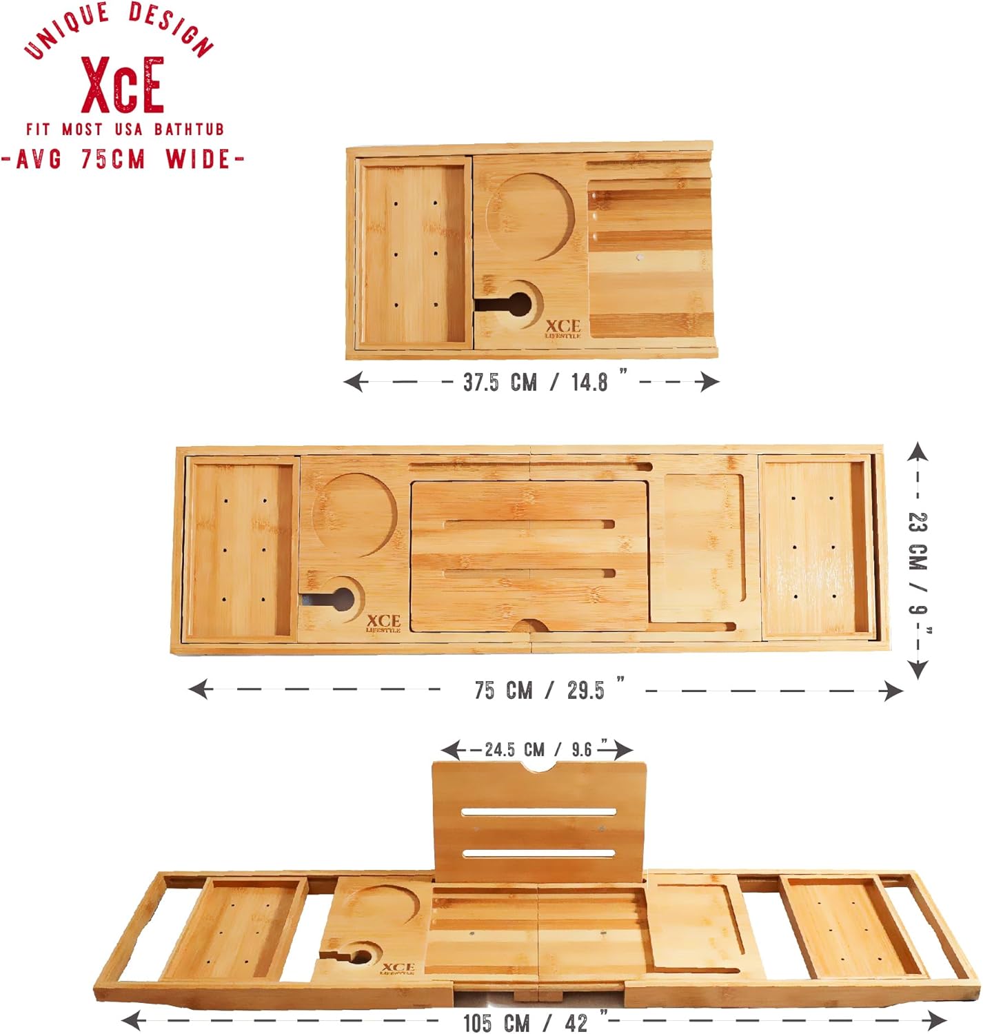 XcE Foldable Bamboo Bathtub Caddy Tray - Expandable to 41 Inches with Non-Slip Pads & Book Stand for Couples Luxury Bath