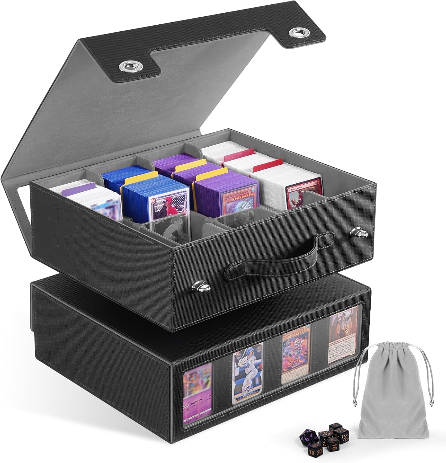 ZLCA MTG Storage Box 4-Row with Handle, MTG Deck Box Holds 3000+ Trading Cards with Portable Handle Removable Dice Tray, Commander Storage Card Case for Top Loaders TCG PTCG Sport Card(Black&Grey)