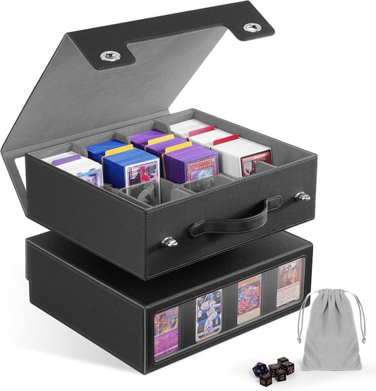 ZLCA MTG Storage Box 4-Row with Handle, MTG Deck Box Holds 3000+ Trading Cards with Portable Handle Removable Dice Tray, Commander Storage Card Case for Top Loaders TCG PTCG Sport Card(Black&Grey)