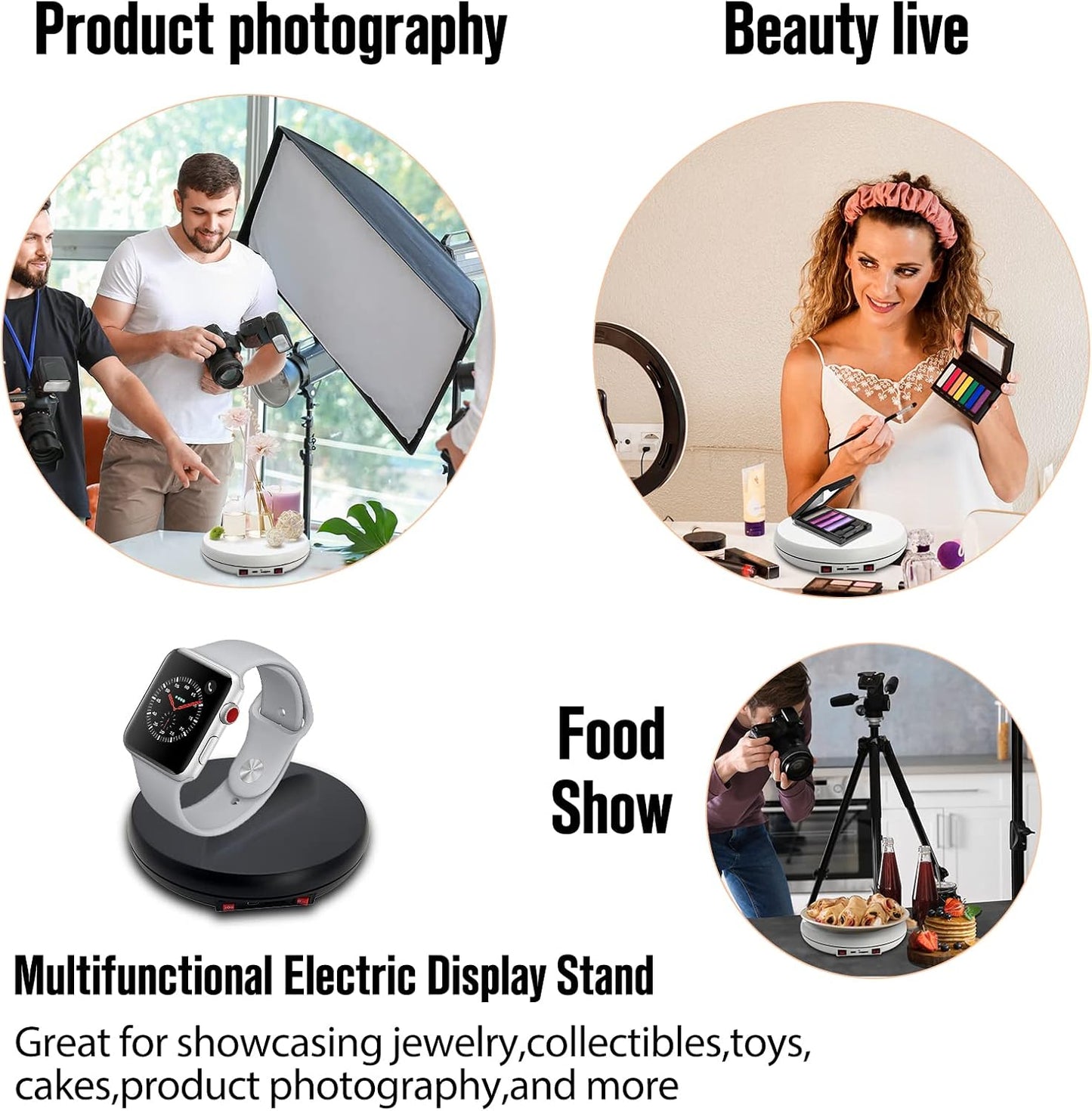 JAYEGT Motorized Rotating Display Stand with LED Light , 10 inch /55lbs Load, 360 Electronic Turntable for Photography Products Shows, Jewelry, Watch (Black / White LED Light / Rechargeable)