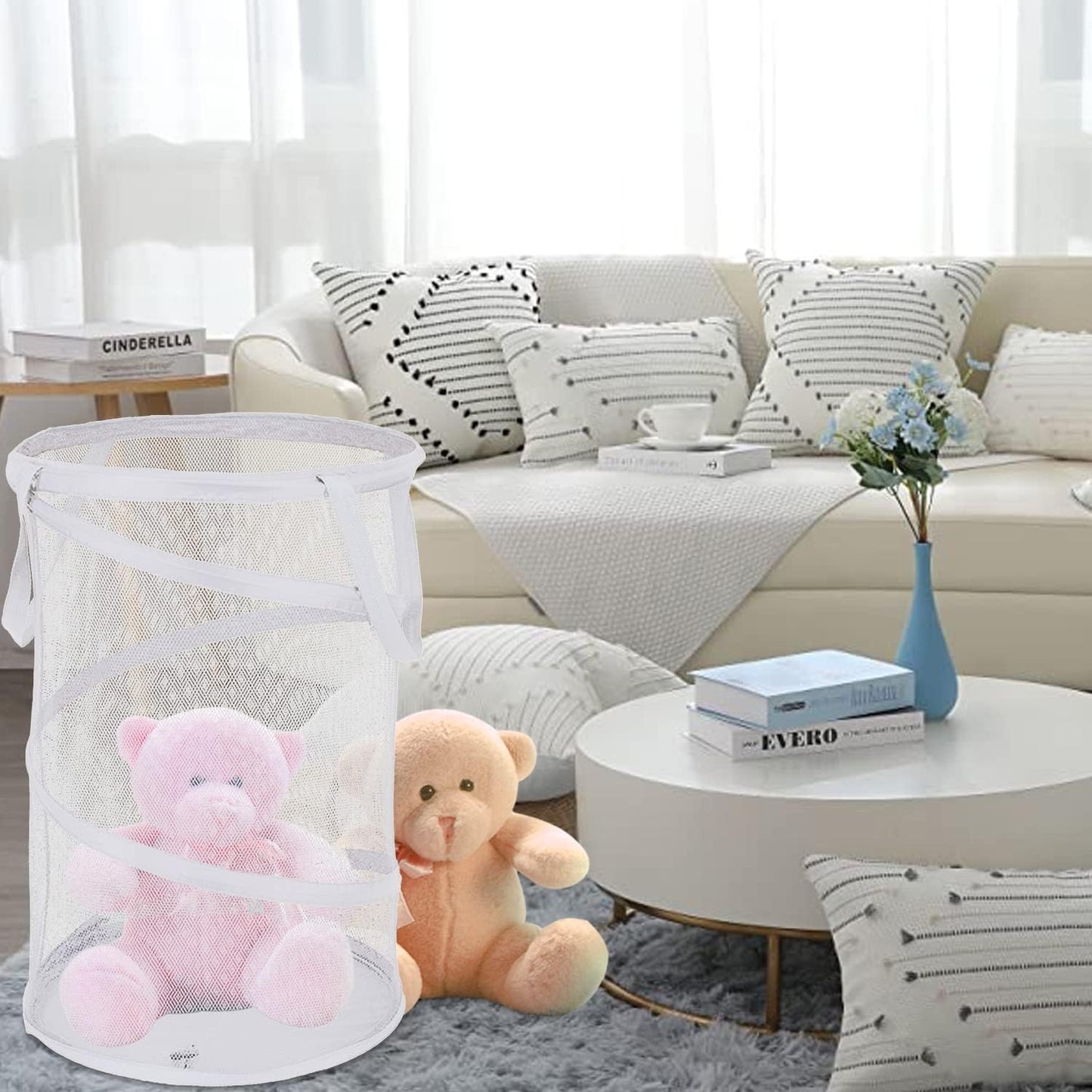 BATTOO Large Collapsible Laundry Basket Foldable Mesh Pop Up Hamper with Handles for Laundry Room, Bathroom, Kids Room, College Dorm, Travel, Storage Organizer White
