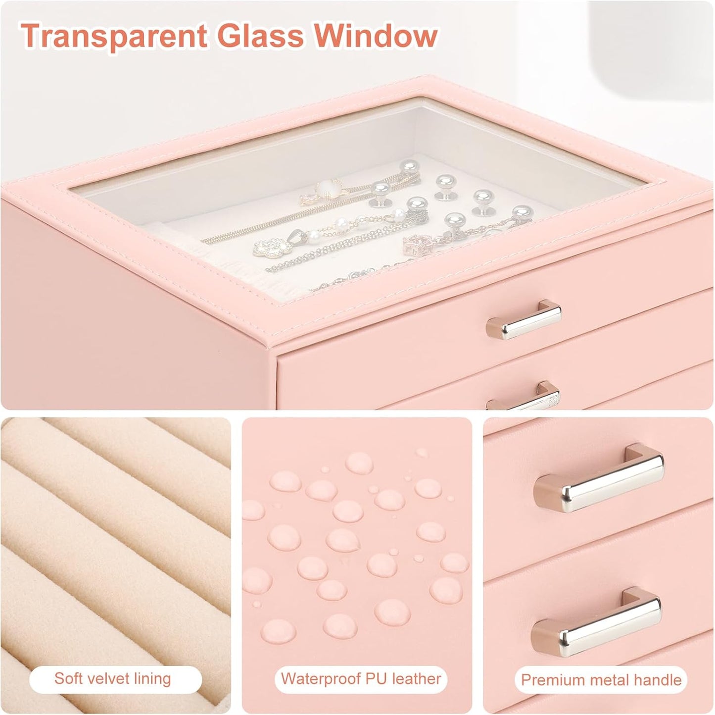 DesignSter Jewelry Box Organizer, Jewelry Box for Women, PU Jewelry Organizer Display Case with Side Drawers, Jewelry Storage for Earring Necklace Ring Bracelet Watch