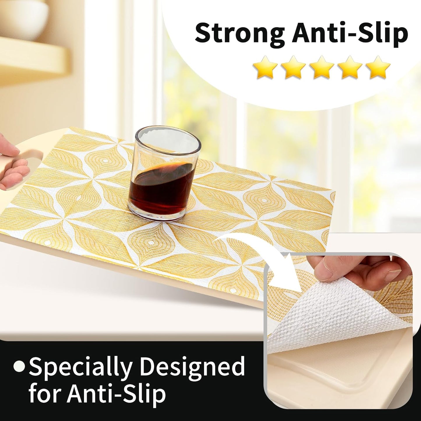 Shelf Liners for Kitchen Cabinets 17in x 30FT, Non Adhesive Cabinet Liner Strong Non-Slip Golden Leaf Drawer Liner, Easy to Clean for Shelf, Cabinet with Knife and Tape Measure