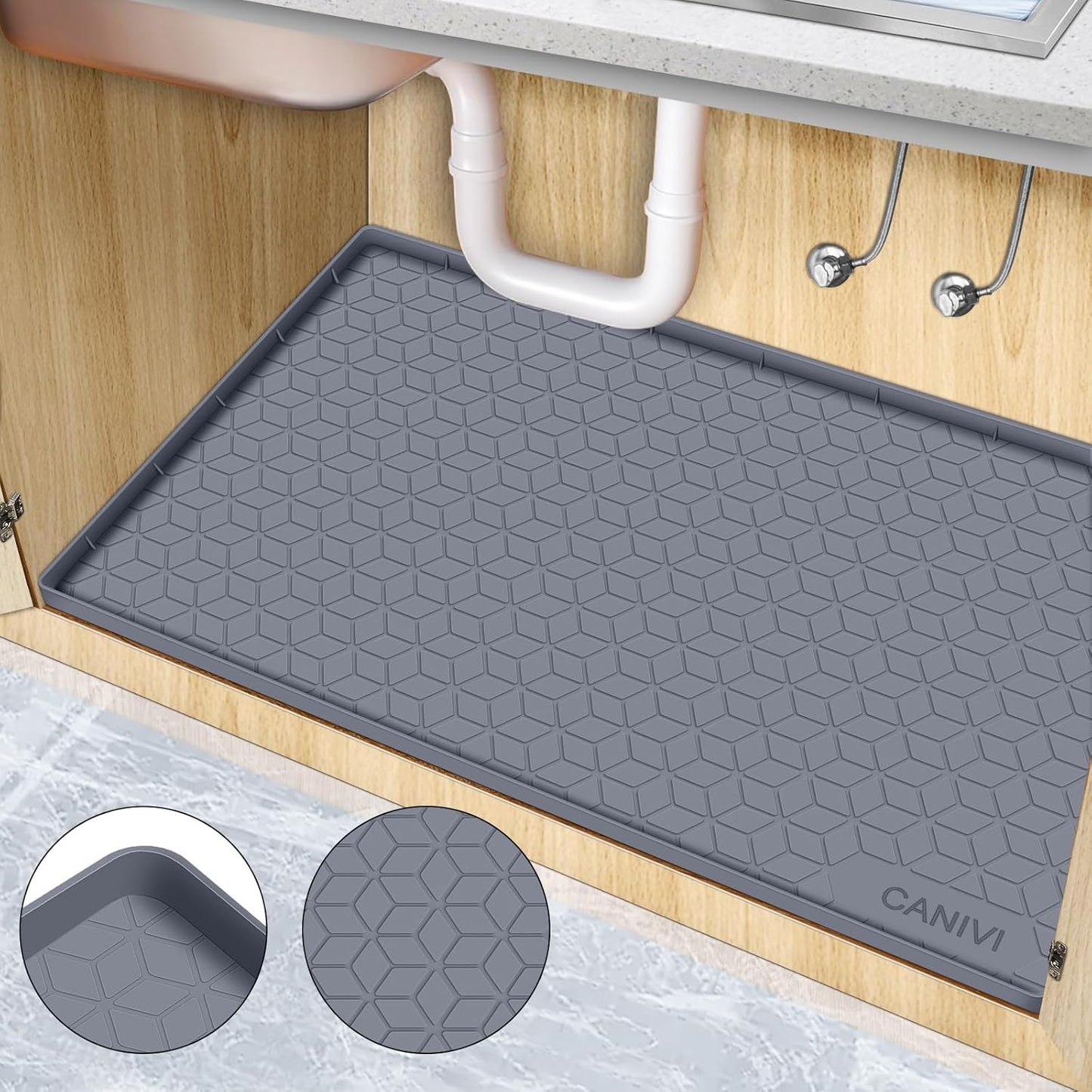 Under Sink Mat, 28" x 22" Waterproof Silicone Under Sink Tray for Kitchen & Laundry Cabinets, Kitchen Cabinet Shelf Protector, Up to 3 Gallons Liquid, Fits 36 inch Standard Cabinet (Blue Grey)