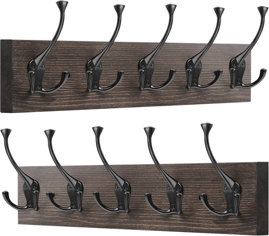 IBosins 2 Pack Coat Rack Wall Mount, 17'' Old Wood Color Coat Hanger, Rustic Wooden Metal Coat Hooks Rail for Entryway Living Room Coat Jacket Scarf Bag Towel Hat