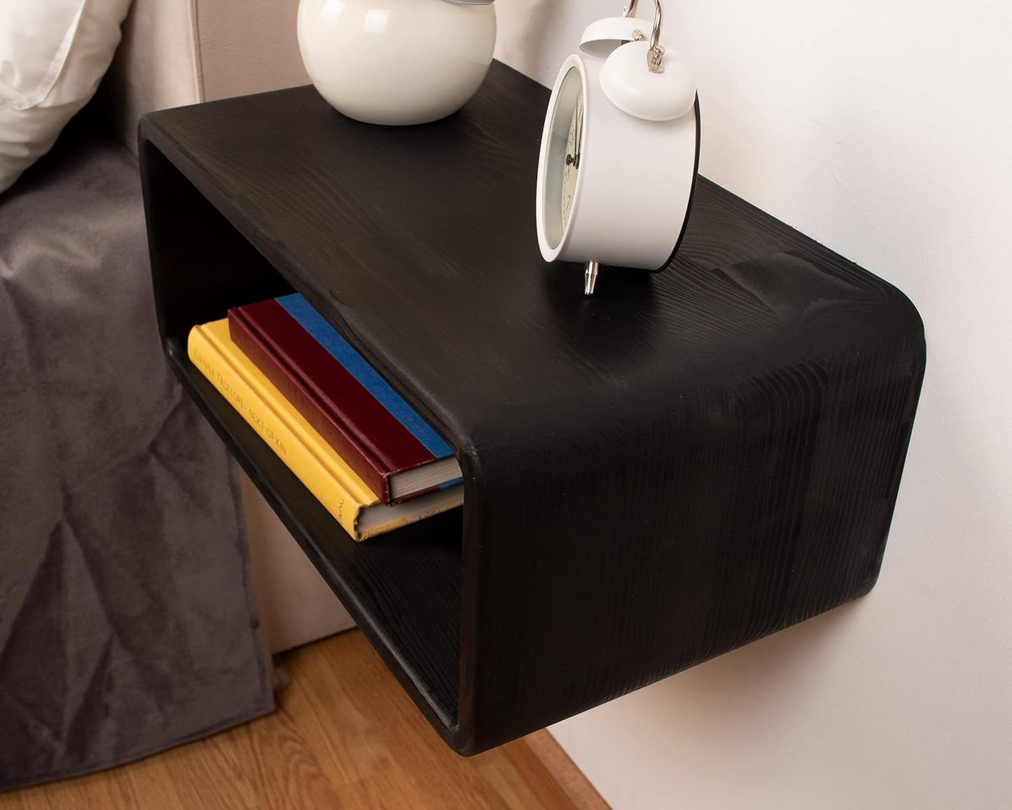 Floating Nightstand Wooden, Bedside Table, Nightstand Shelf, Handmade, Wall Mounted Bedside Shelf, Minimalist and Unique Style (Black)