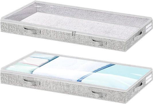 Low Profile Under Bed Storage, 3-Inch High Foldable Underbed Storage Bins with Lid & Zipper, No Structure, Super Slim Clothes Organizer for Crib Dorm Couch Low Bed, 2-Pack, Clear Top