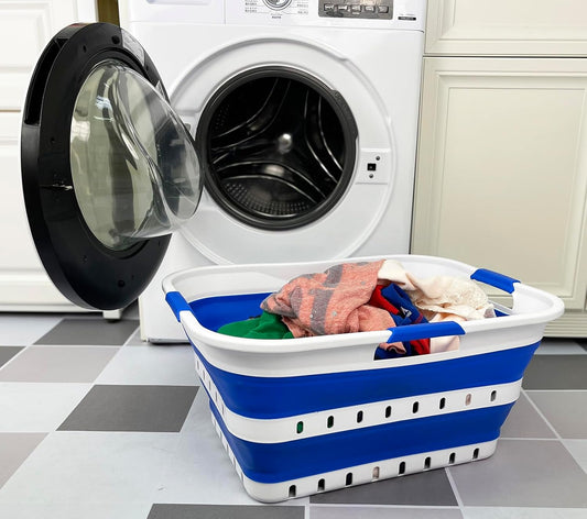 SAMMART 42L (11 gallon) Collapsible Plastic Laundry Basket - Foldable Pop Up Storage Container/Organizer - Space Saving Hamper/Basket (1, White/Dark Blue)