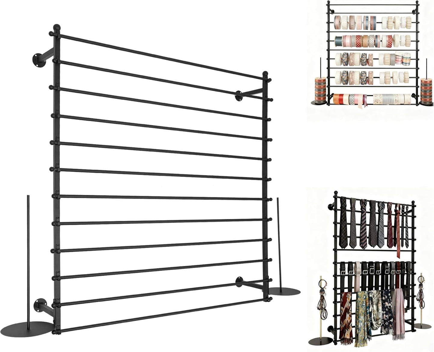 12 Layers Black Wall Display Stand Wrapping Paper Ribbon Organizer Holder Storage Scarf Tie Belt Towel Spool Sewing Tool Hijab Metal Shelving for Home, Retail Stores, Flower Shop,Studio-120cm