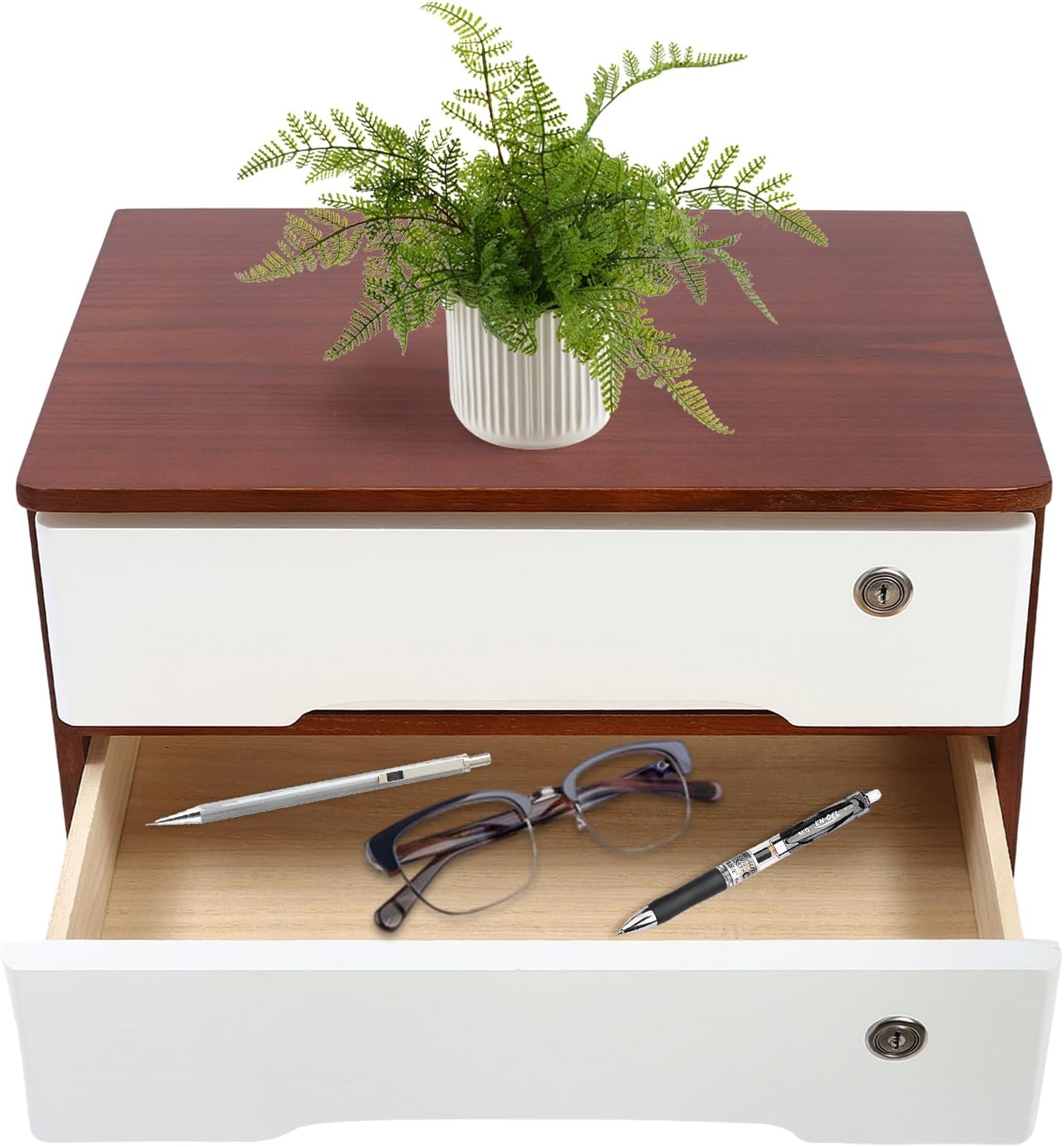 2-Tier Desktop Storage Box with Lockable Drawer, Wooden Desk Organizer for Office Supplies, Flat File Cabinet, Minimalist Design for Home & Office Use(Walnut+White)