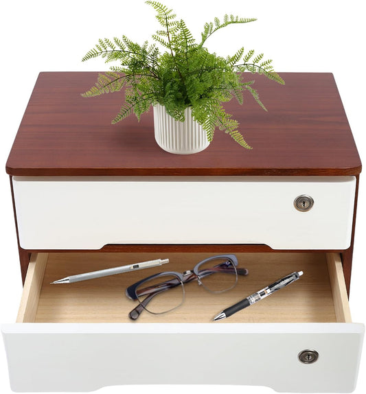 2-Tier Desktop Storage Box with Lockable Drawer, Wooden Desk Organizer for Office Supplies, Flat File Cabinet, Minimalist Design for Home & Office Use(Walnut+White)