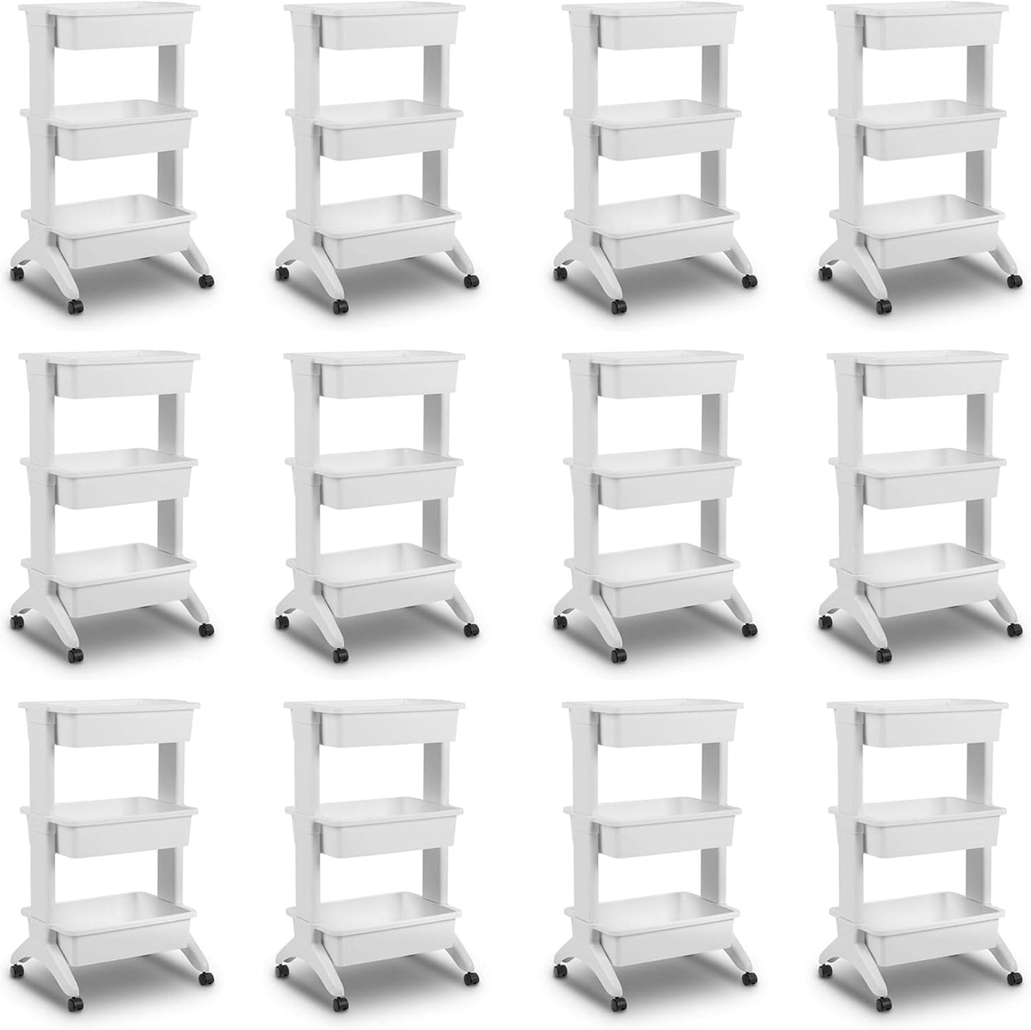 Sterilite 3 Tier Utility Cart Portable Storage Open Bin Organizer with 360 Degree Smooth Rolling Caster Wheels, Supports 10lb Per Tier, White, 12-Pack
