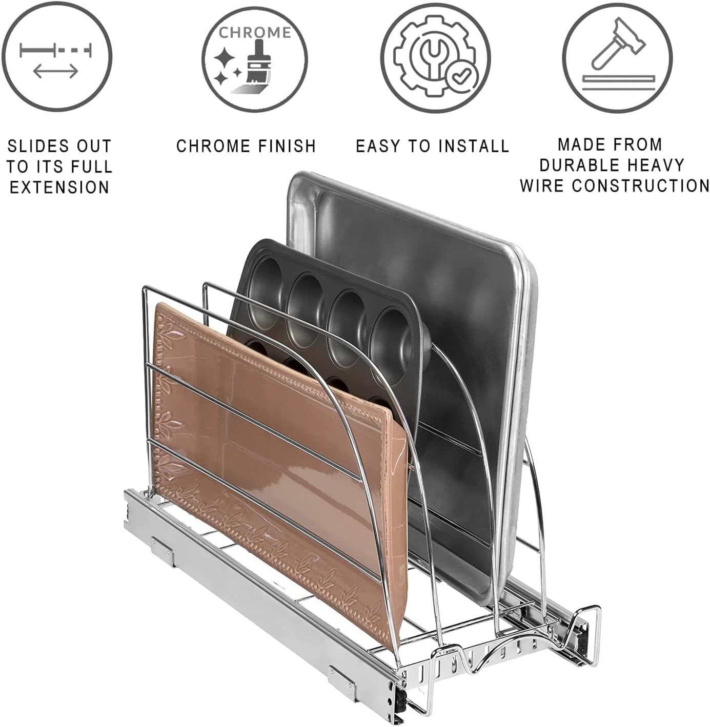 HOLDN’ STORAGE Pull Out Organizer for Bakeware, Cutting Board and Trays, Adjustable Dividers - Heavy Duty, Lifetime Limited Warranty - For Narrow Cabinet Spaces, 8.5”W x 21”D x 11”H, Chrome